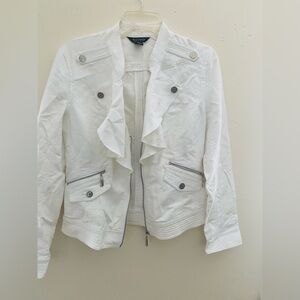 White House Black Market Ruffle Front Cotton Moto fitted Jacket with zip Pockets